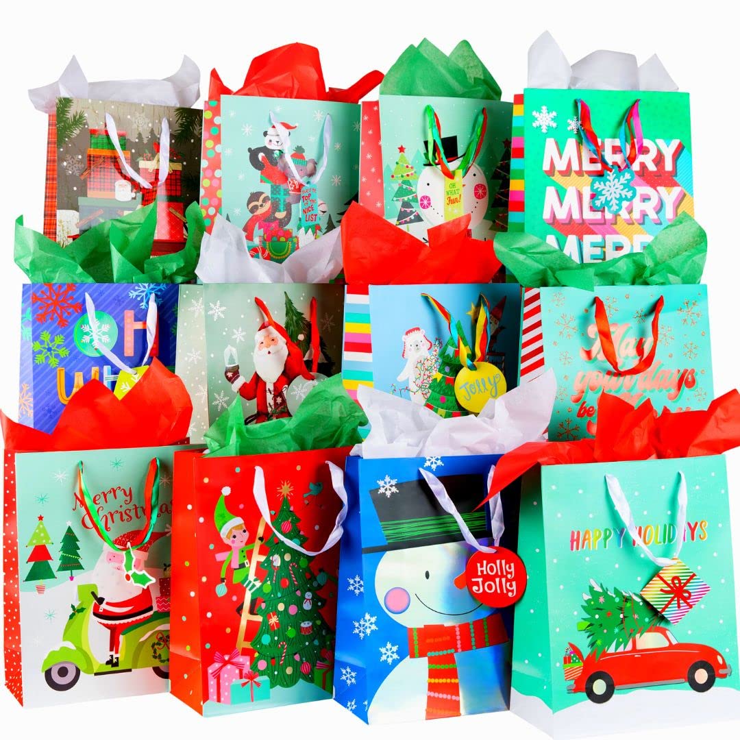 Plum Designs 12 Christmas Gift Bags Bulk- Christmas Gift Bags, Large Christmas Bags for Gifts, Holiday Gift Bags with Tissue Paper-