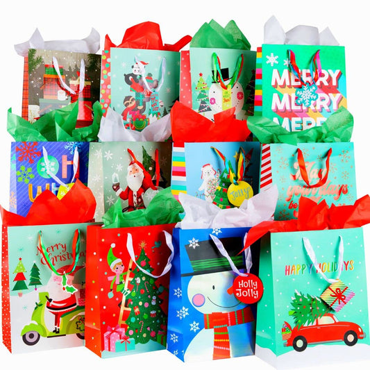 Plum Designs 12 Christmas Gift Bags Bulk- Christmas Gift Bags, Large Christmas Bags for Gifts, Holiday Gift Bags with Tissue Paper-