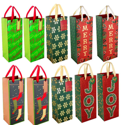 Christmas Wine Gift Bags for Wine Bottles Gift Bulk with Elegant Ribbon Handles and Christmas Gift Tags, 10pk Christmas Wine Bags for Wine Bottle Christmas Theme Designed Holiday Wine Gift Wrap