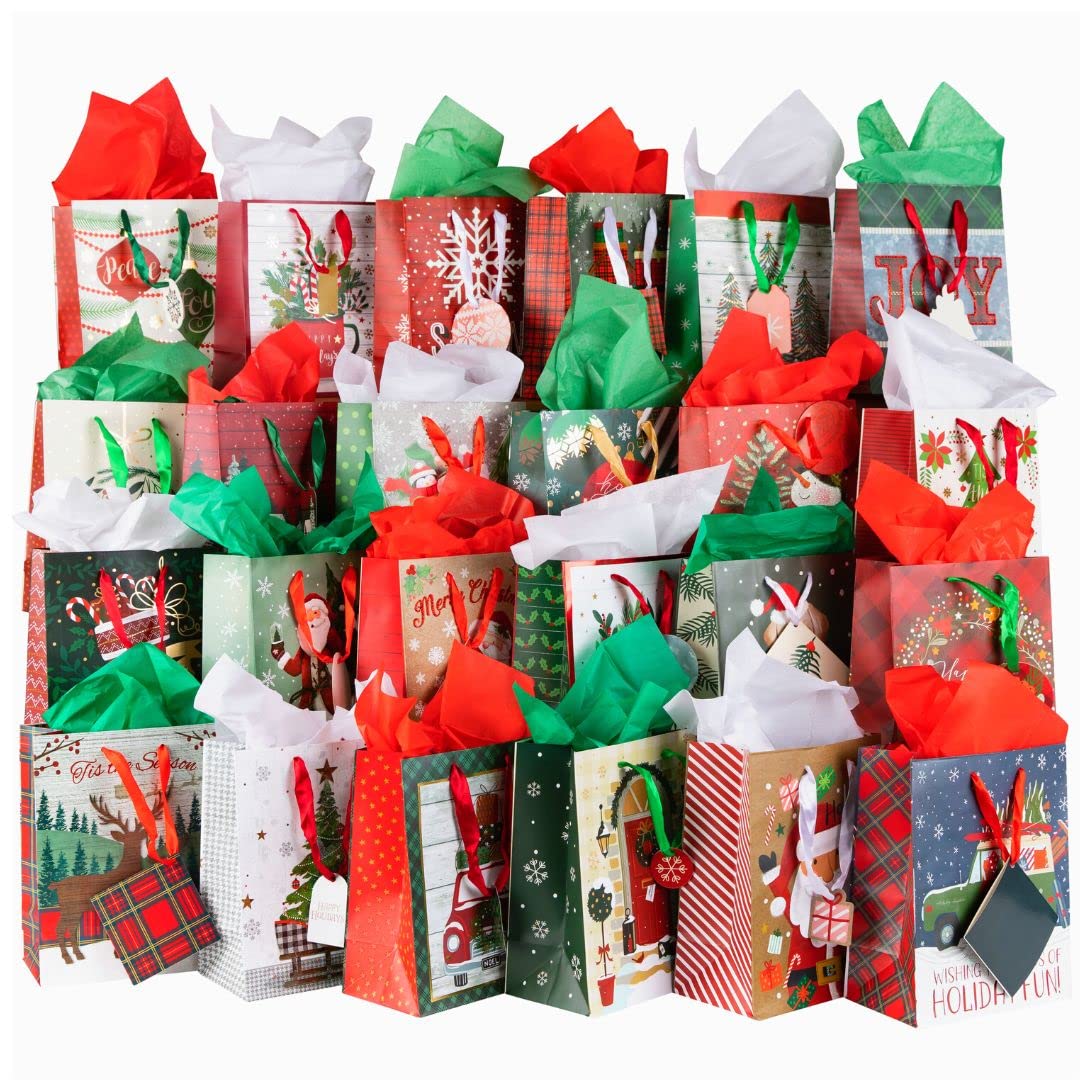 Plum Designs Foil Stamped Medium Gift Bags - 24 Holiday Bags with Christmas Tissue Paper, Ribbon Handles and Gift Tags