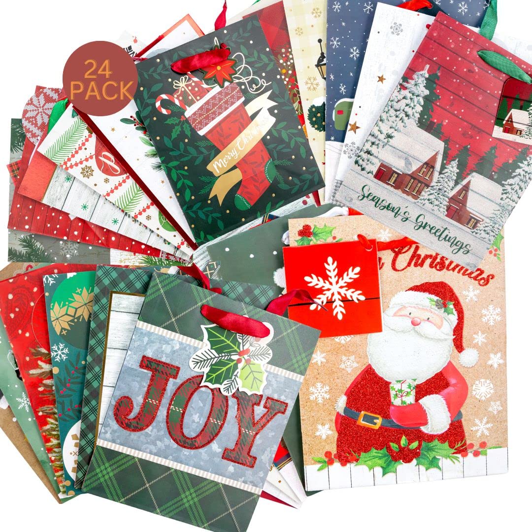 Plum Designs Foil Stamped Medium Gift Bags - 24 Holiday Bags with Christmas Tissue Paper, Ribbon Handles and Gift Tags