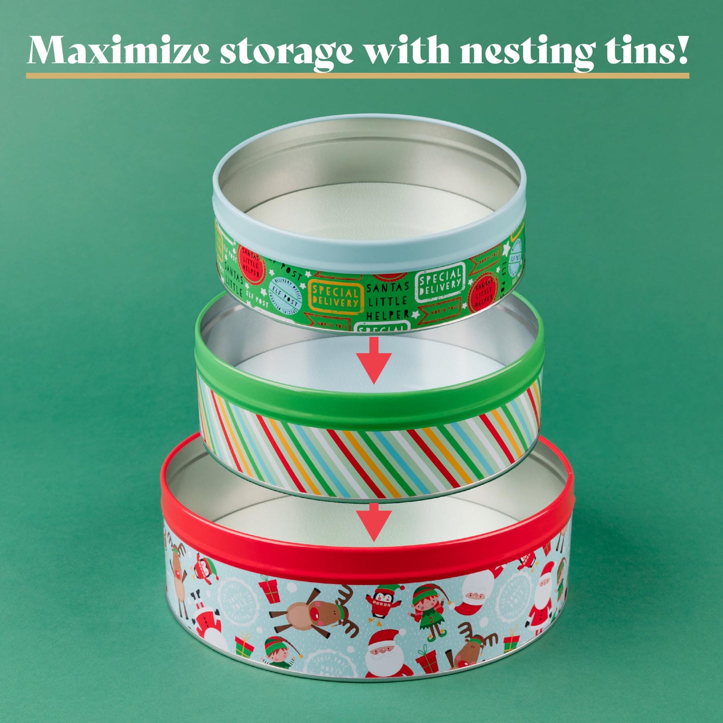 3 Christmas Cookie Tins- Round Christmas Cookie Tins with Lids for Gift Giving, Christmas Tins Holiday Cookie Boxes, Christmas Tins for Cookies and Gifts- 3 Nested Metal Cookie Tins