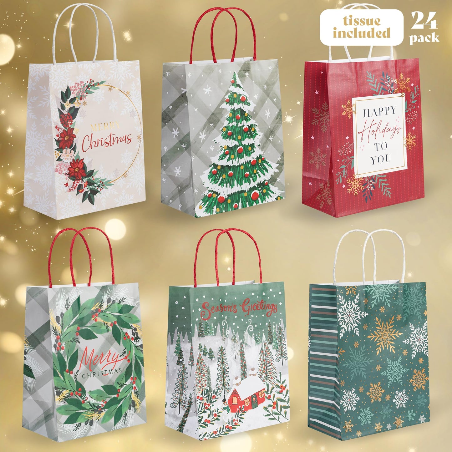 Plum Designs 24 Christmas Gift Bags Bulk- Christmas Gift Bags Medium Size (7"x9"x3.75")- Medium Christmas Bags for Gifts, Holiday Gift Bags with Tissue Paper- 24 Pack