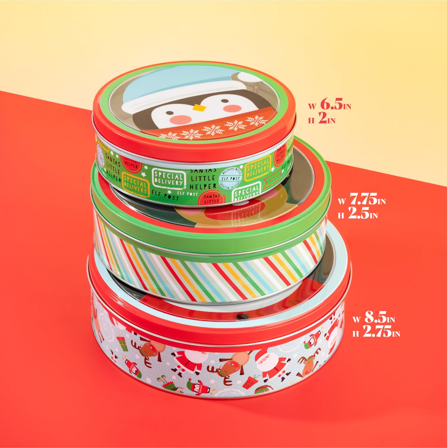 3 Christmas Cookie Tins- Round Christmas Cookie Tins with Lids for Gift Giving, Christmas Tins Holiday Cookie Boxes, Christmas Tins for Cookies and Gifts- 3 Nested Metal Cookie Tins