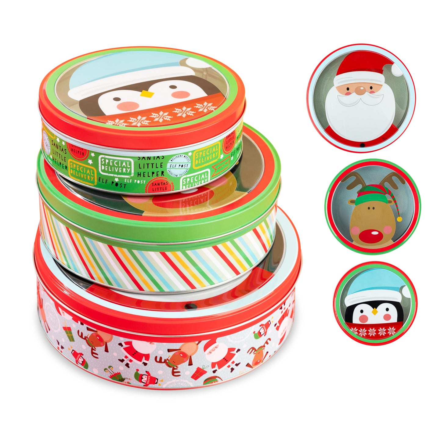 3 Christmas Cookie Tins- Round Christmas Cookie Tins with Lids for Gift Giving, Christmas Tins Holiday Cookie Boxes, Christmas Tins for Cookies and Gifts- 3 Nested Metal Cookie Tins