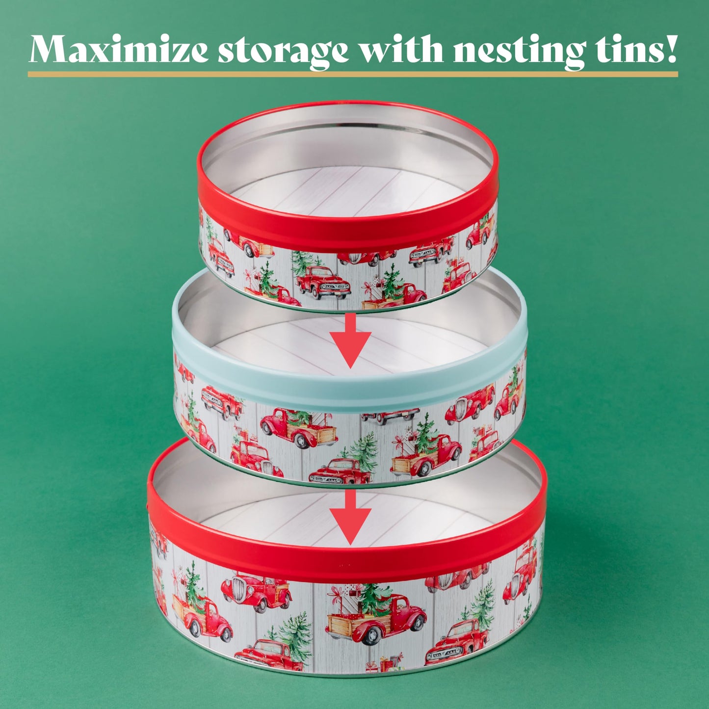 Plum Designs 3 Christmas Cookie Tins- Round Christmas Cookie Tins with Lids for Gift Giving, Christmas Tins Holiday Cookie Boxes, Christmas Tins for Cookies and Gifts (3ct Round Christmas Tins)