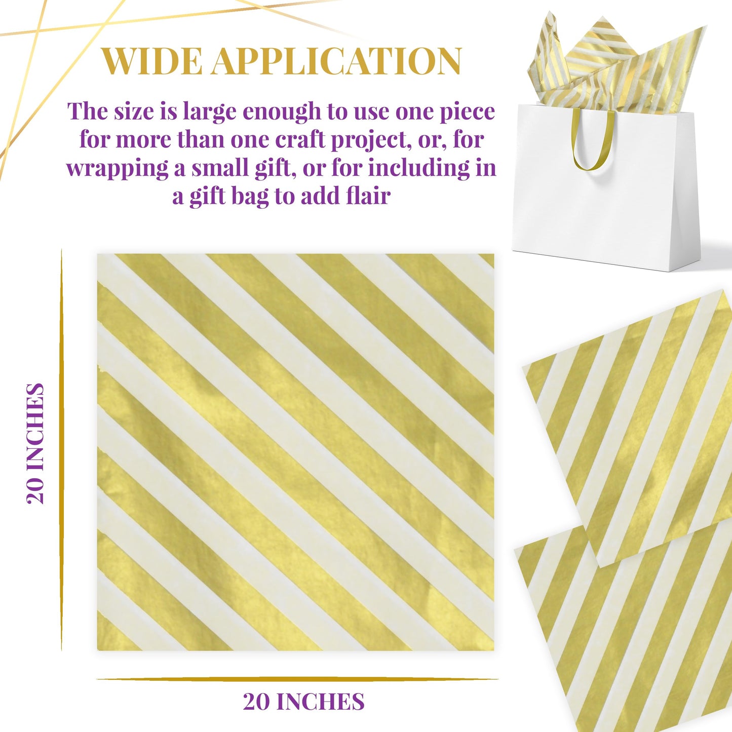 Gold Tissue Paper for Gift Bags- Metallic Gold and White Striped Gift Wrapping Tissue Paper 60 Sheets Large 20"x20" White and Metallic Gold Tissue Paper Crafts,