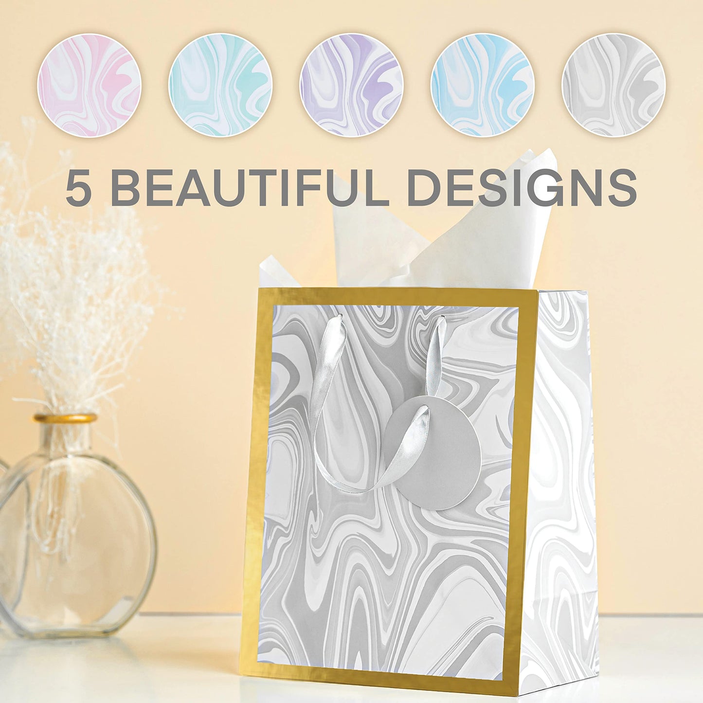 Medium Gift Bag Set - 5 Medium Gift Bags With Tissue Paper - Elegant Design Gift Bags Birthday, Present Bags, Wedding Gift Bag, 5 Count with Tissue Paper