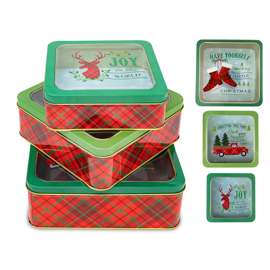 Plum Designs Christmas Metal Cookie Tins Set of 3 Sizes - Decorative Cookie Tins |Gift Set| Tins with lids, | Merry and bright, Christmas Themes and Colors| Nesting Tins