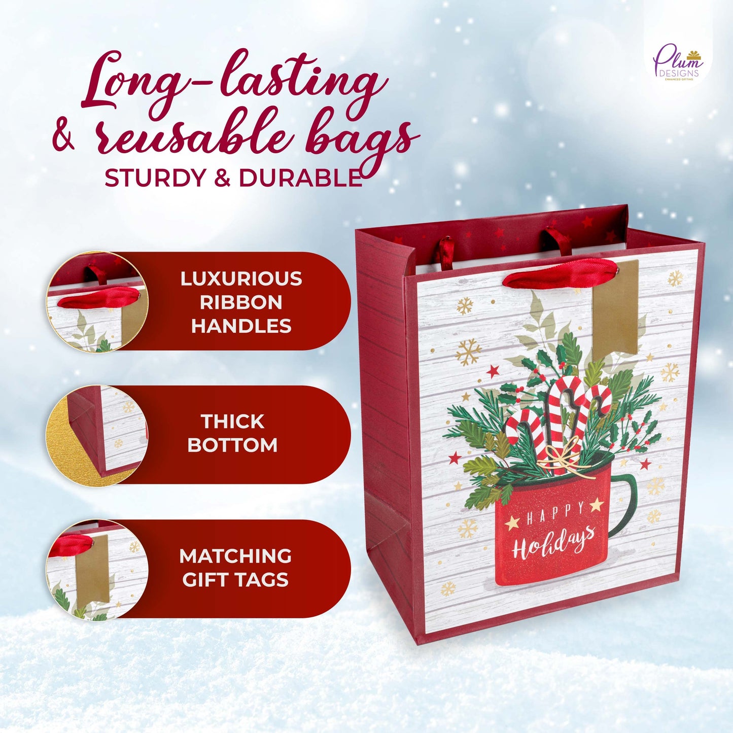 Plum Designs Foil Stamped Medium Gift Bags - 24 Holiday Bags with Christmas Tissue Paper, Ribbon Handles and Gift Tags