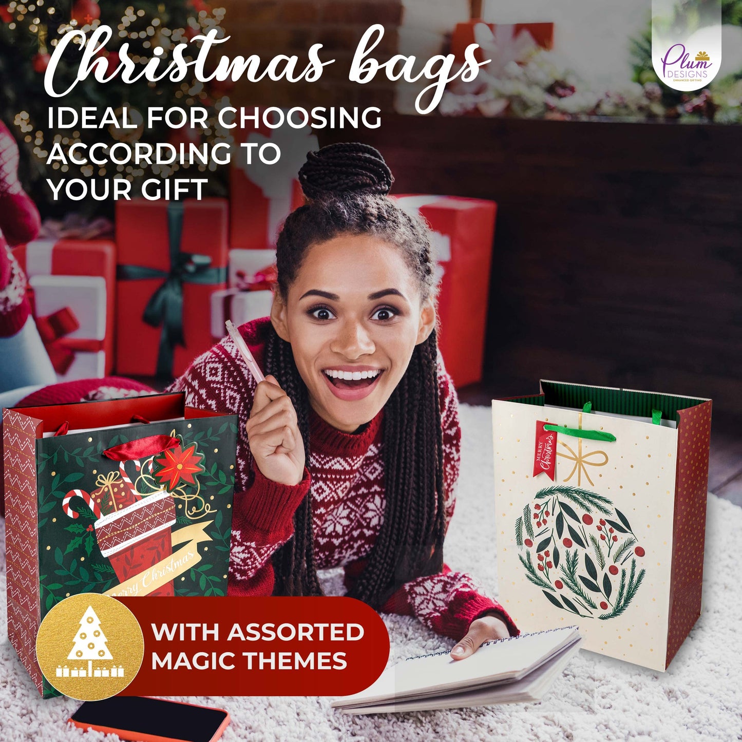 Plum Designs Foil Stamped Medium Gift Bags - 24 Holiday Bags with Christmas Tissue Paper, Ribbon Handles and Gift Tags