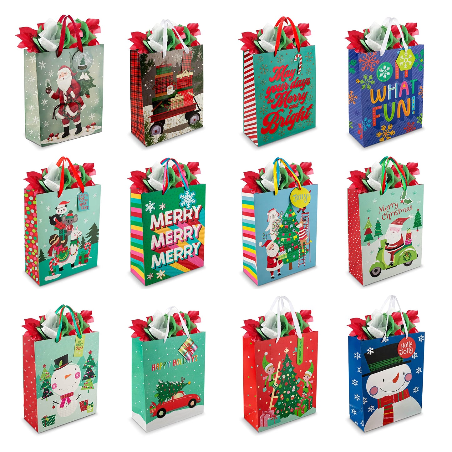 Plum Designs 12 Christmas Gift Bags Bulk- Christmas Gift Bags, Large Christmas Bags for Gifts, Holiday Gift Bags with Tissue Paper-