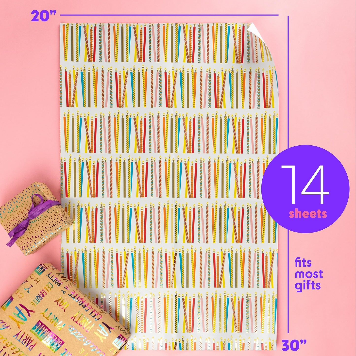 Plum Designs Gift Wrapping Paper Sheets- Happy Birthday Wrapping Paper Girl, Fun Wrapping Paper for Birthday Girl, 14 Sheets Gift Wrap Paper (Cute Fun Theme) (Kraft Birthday THeme) (Stunning Kraft Birthday)