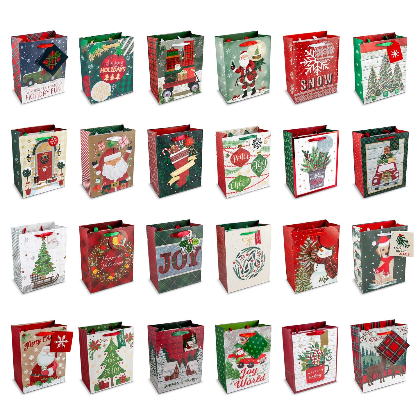 Plum Designs Foil Stamped Medium Gift Bags - 24 Holiday Bags with Christmas Tissue Paper, Ribbon Handles and Gift Tags