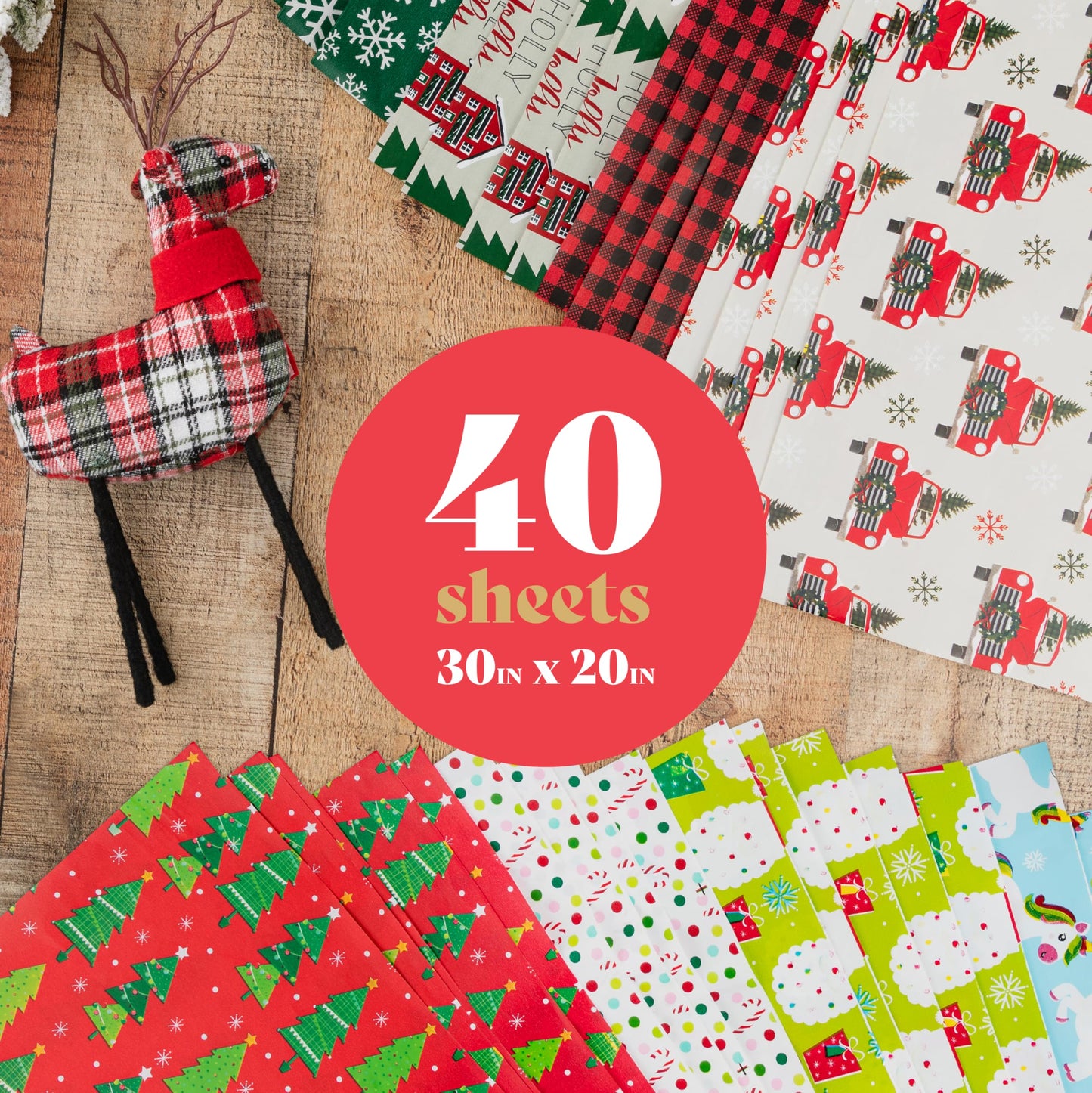 Plum Designs Christmas Wrapping Paper Sheets-40 Precut Sheets Christmas Gift Wrap Paper- Christmas Paper Wrapping Sheets (30"x20")- 4 Unique Patterns of Holiday Wrapping Paper, 40 Sheets