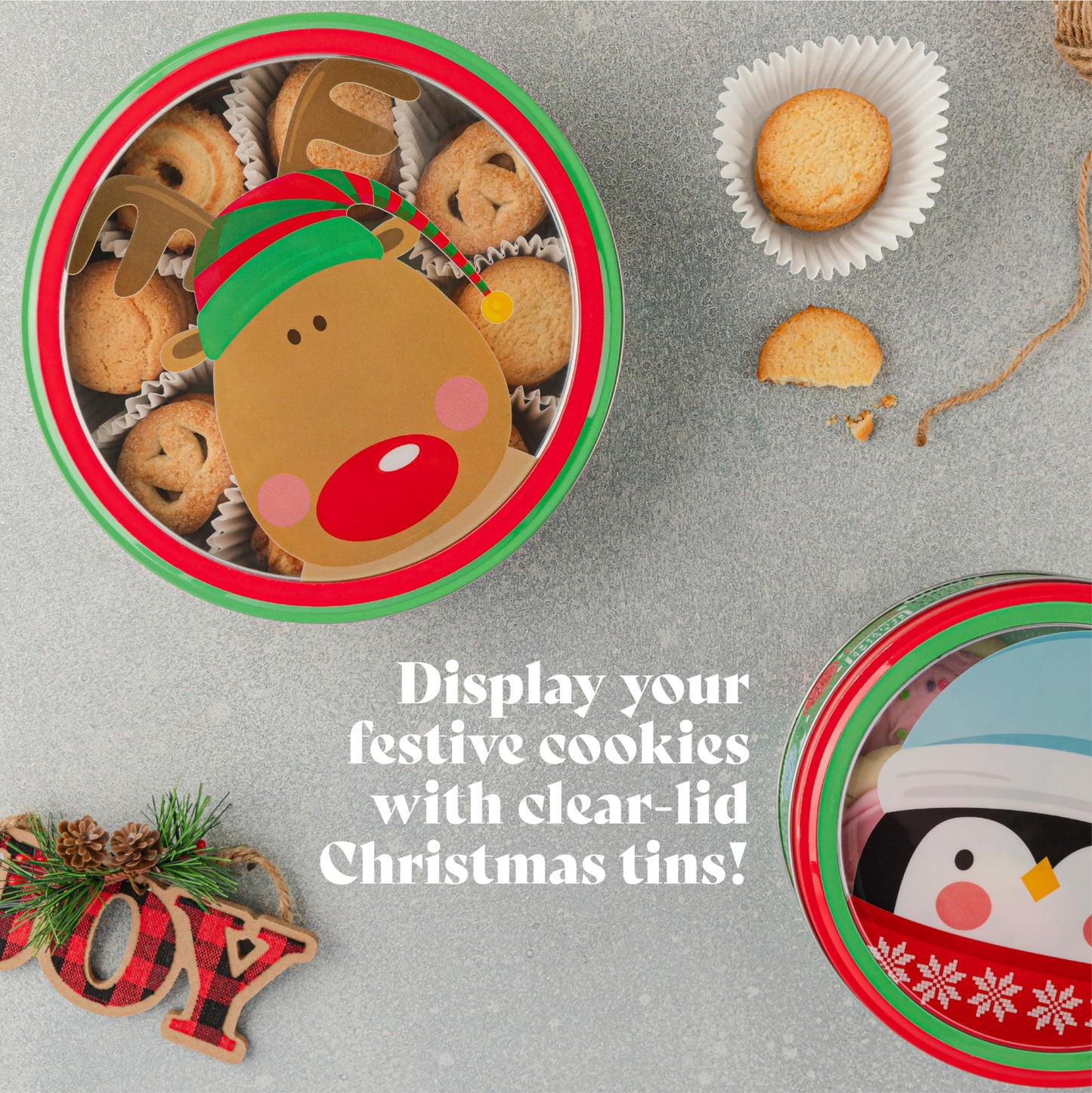 3 Christmas Cookie Tins- Round Christmas Cookie Tins with Lids for Gift Giving, Christmas Tins Holiday Cookie Boxes, Christmas Tins for Cookies and Gifts- 3 Nested Metal Cookie Tins