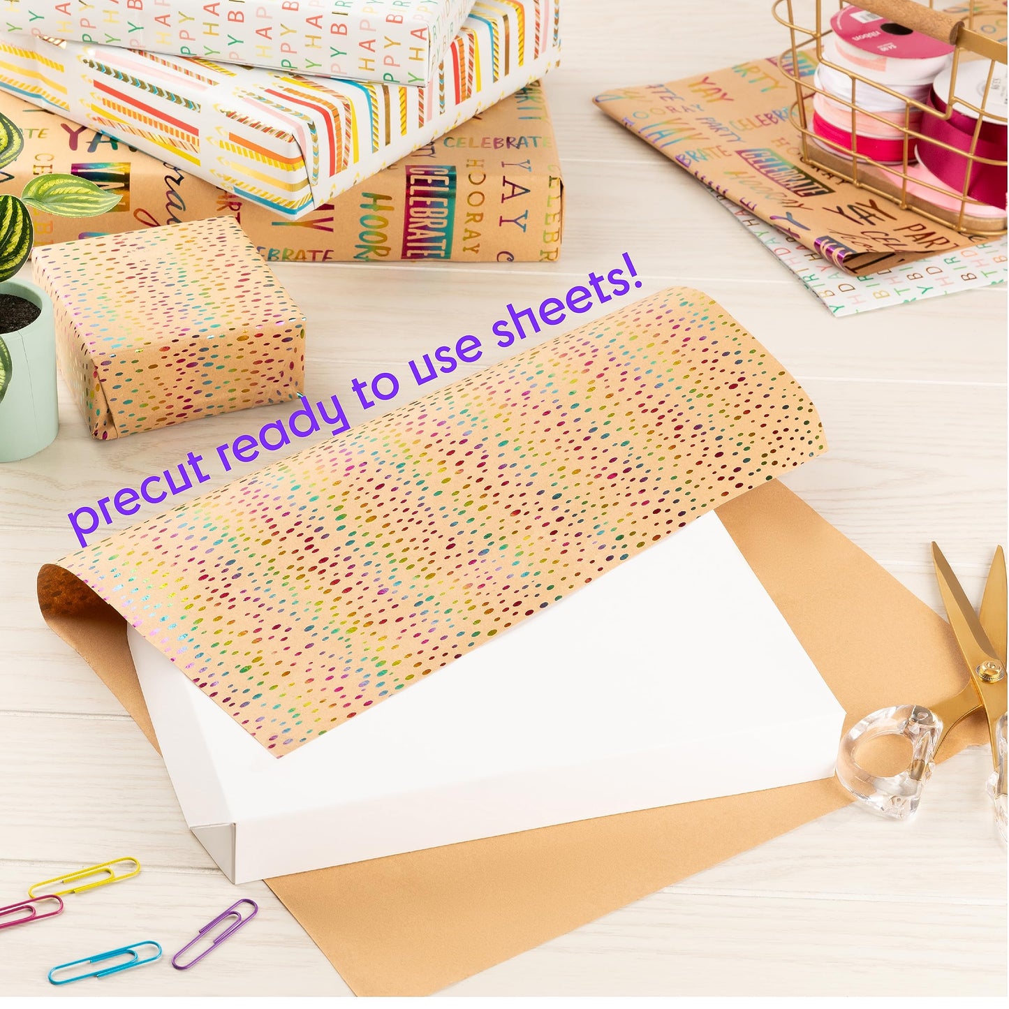 Plum Designs Gift Wrapping Paper Sheets- Happy Birthday Wrapping Paper Girl, Fun Wrapping Paper for Birthday Girl, 14 Sheets Gift Wrap Paper (Cute Fun Theme) (Kraft Birthday THeme) (Stunning Kraft Birthday)