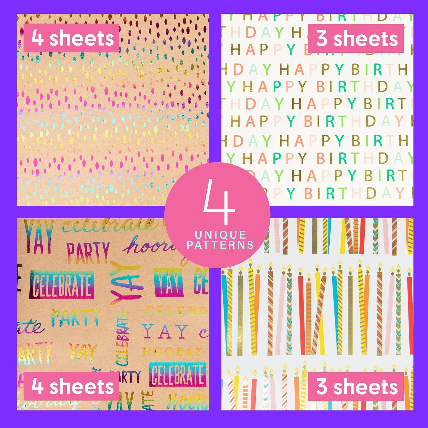 Plum Designs Gift Wrapping Paper Sheets- Happy Birthday Wrapping Paper Girl, Fun Wrapping Paper for Birthday Girl, 14 Sheets Gift Wrap Paper (Cute Fun Theme) (Kraft Birthday THeme)