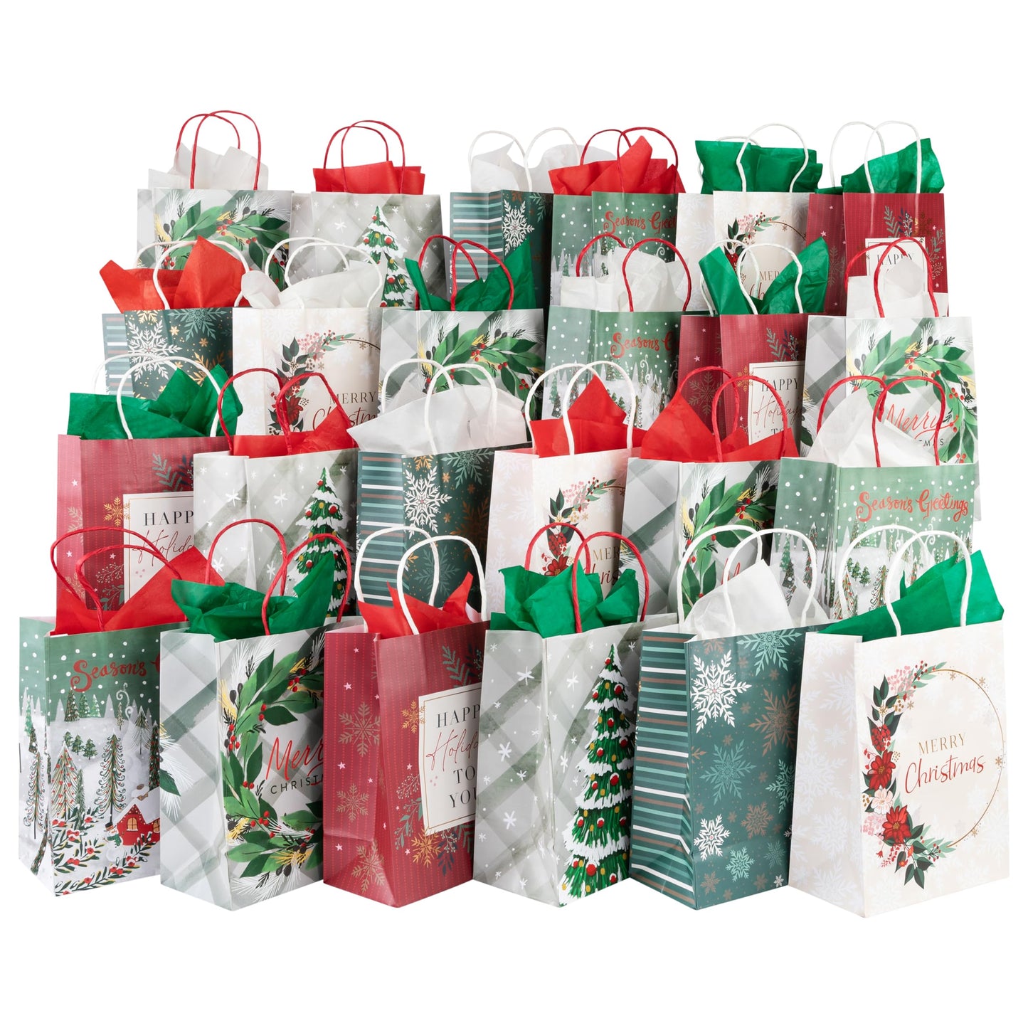 Plum Designs 24 Christmas Gift Bags Bulk- Christmas Gift Bags Medium Size (7"x9"x3.75")- Medium Christmas Bags for Gifts, Holiday Gift Bags with Tissue Paper- 24 Pack