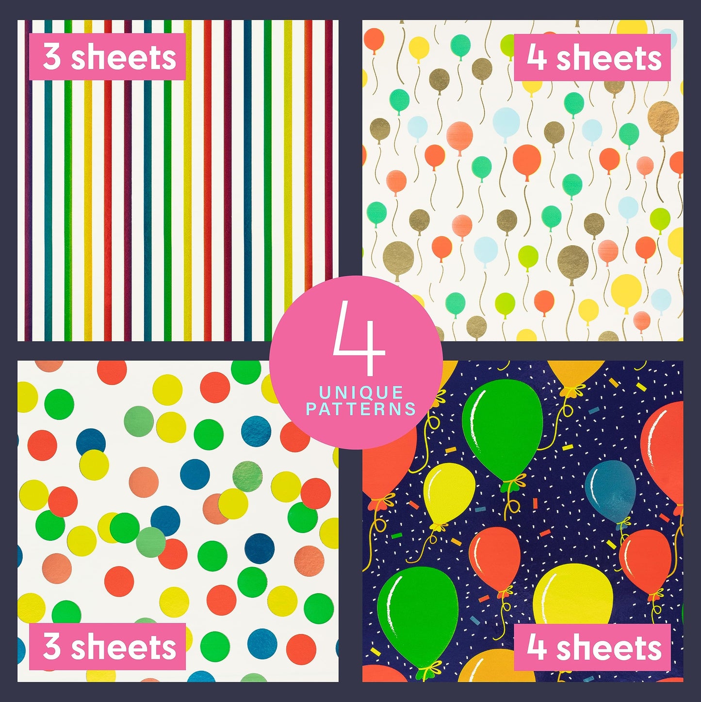 Gift Wrapping Paper Sheets- Birthday Gift Wrap, Fun Wrapping Paper for Birthday Girl or Boy, 14 Sheets Gift Wrap Paper for Baby Shower, Birthday, and All Occasions!