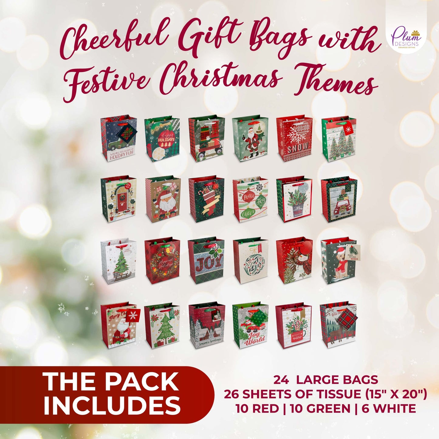 Plum Designs Foil Stamped Medium Gift Bags - 24 Holiday Bags with Christmas Tissue Paper, Ribbon Handles and Gift Tags